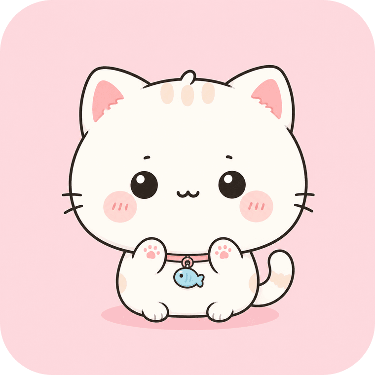 CatKawa, a small round white kawaii cat with a blue fish charm collar